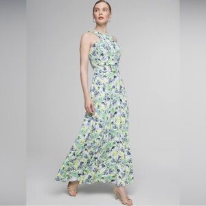 Floral Cross-Back Halter Maxi Dress in Blue, Green & Yellow
